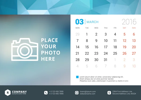 Desk Calendar 2016 Vector Design Template. Week Starts Monday — Stockový vektor