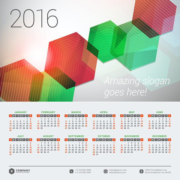 Calendar 2016 Vector Design Template. Week Starts Sunday