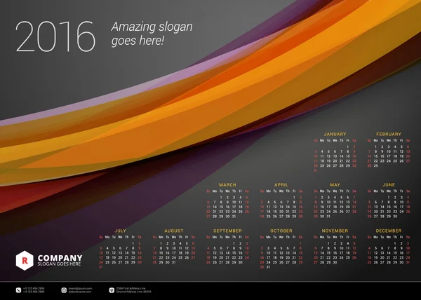 Kalender 2016 Vector ontwerpsjabloon. Week begint zondag — Stockvector