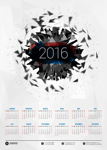 Calendrier 2016 Modèle de conception vectorielle. La semaine commence dimanche — Image vectorielle