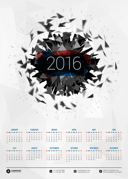 Kalender 2016 Vektor-Design-Vorlage. Woche beginnt am Sonntag — Stockvektor