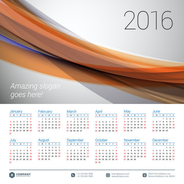 Calendar 2016 Vector Design Template. Week Starts Sunday