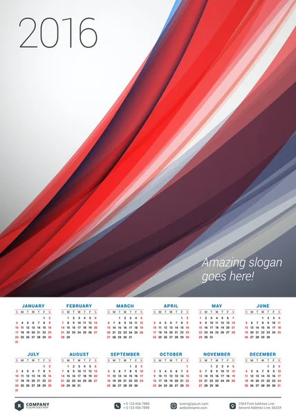 Kalender 2016 Vektor-Design-Vorlage. Woche beginnt am Sonntag — Stockvektor