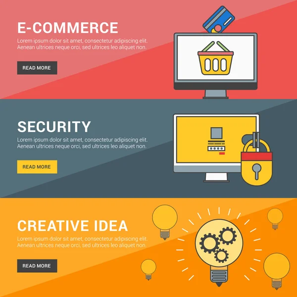 フラットなデザイン コンセプト。Web バナーのベクトル イラストのセット。E-コマース、セキュリティ、創造的なアイデア — ストックベクタ