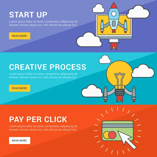 Flaches Designkonzept. Vektor-Illustrationen für Web-Banner. Start, kreativer Prozess, Bezahlung per Klick — Stockvektor