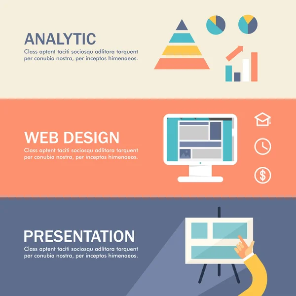 Conjunto de Conceptos de Diseño Plano para Banners Web y Materiales Promocionales. Analítica, Diseño Web, Presentación — Vector de stock