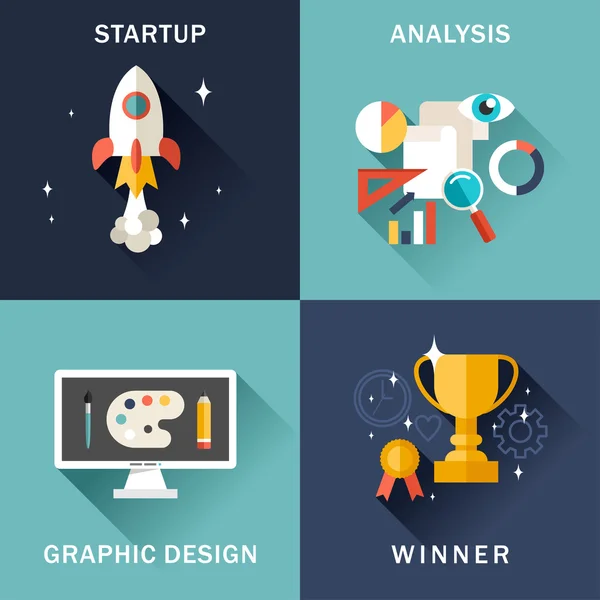 Serie di illustrazioni di business vettoriali piatte. Startup, Analisi, Graphic Design, Vincitore — Vettoriale Stock