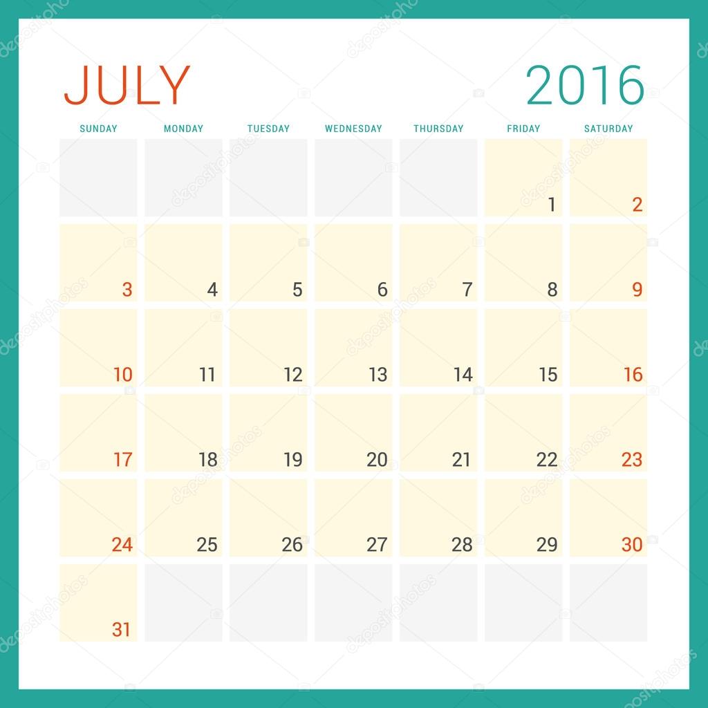 Calendar 2016. Vector Flat Design Template. July. Week Starts Sunday