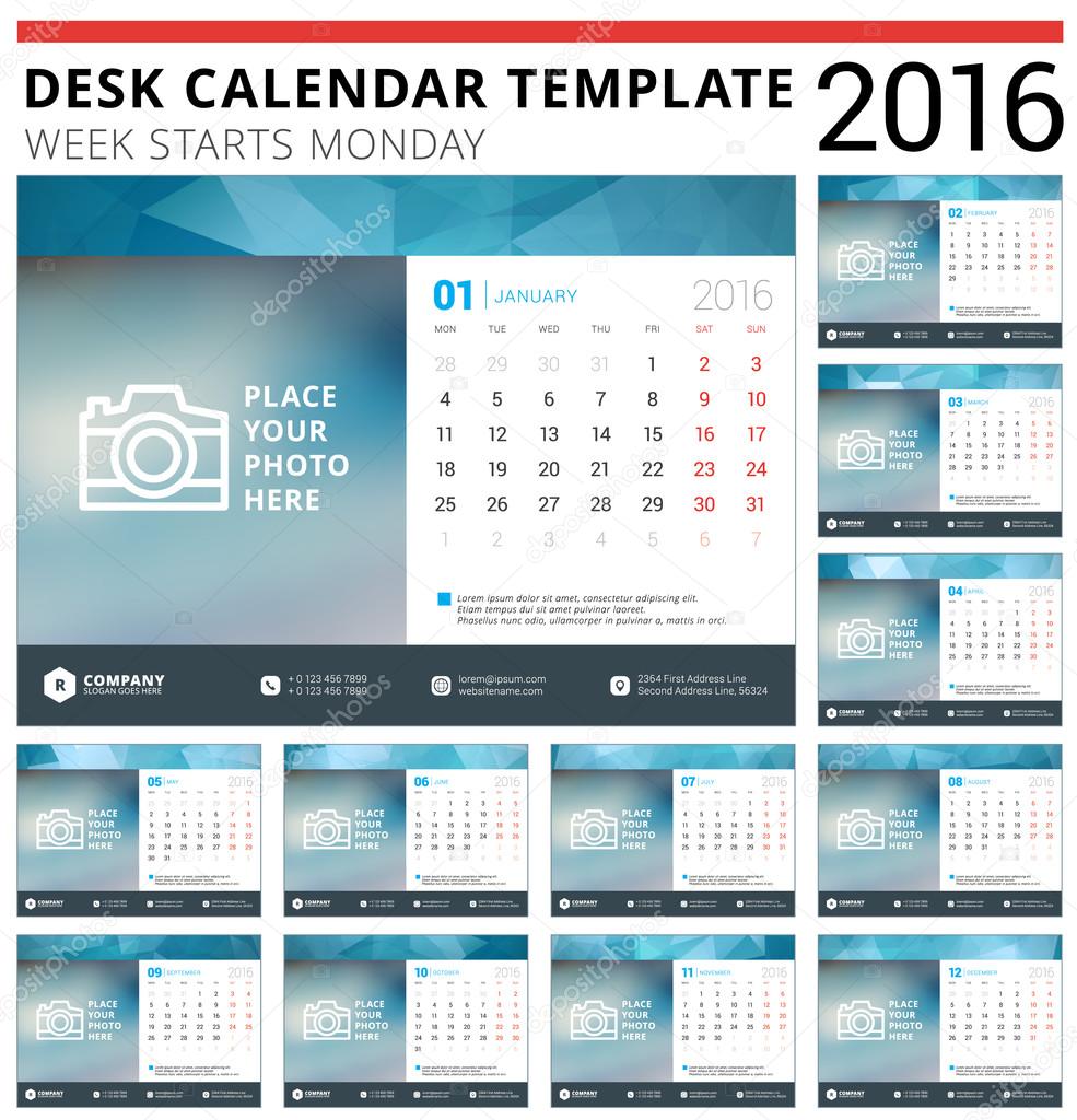 Desk Calendar 2016 Vector Design Template. Set of 12 Months. Week Starts Monday