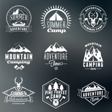 Yaz tatil tasarım öğeleri. Hipster Vintage Logotype ve rozetleri renkli arka plan üzerinde set