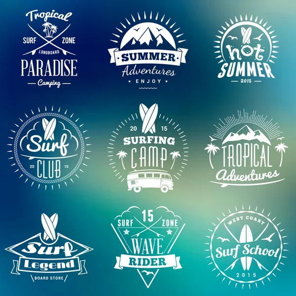 Summer Holidays Design Elements. Set of Hipster Vintage Logotypes and Badges on Colorful Background — Stock Vector