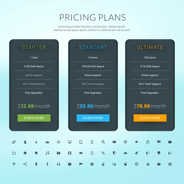 Tabela de preços de vetores em estilo de design plano para sites e aplicações —  Vetores de Stock