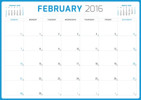 Calendar Planner 2016. Vector Design Template. February. Week Starts Sunday — Stock Vector