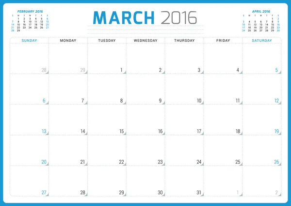 Kalendern Planner 2016. Vector formgivningsmall. Mars. Veckan börjar söndag — Stock vektor