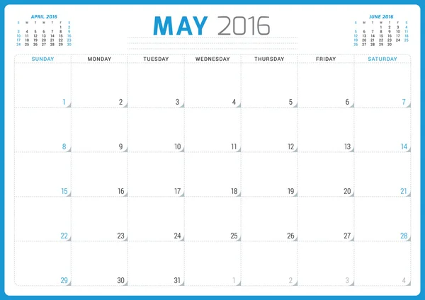 Planificador de Calendario 2016. Plantilla de diseño vectorial. Mayo. Semana comienza el domingo — Vector de stock