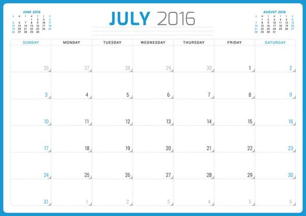 カレンダー プランナー 2016年。ベクター デザインのテンプレートです。7 月。週の開始日 — ストックベクタ