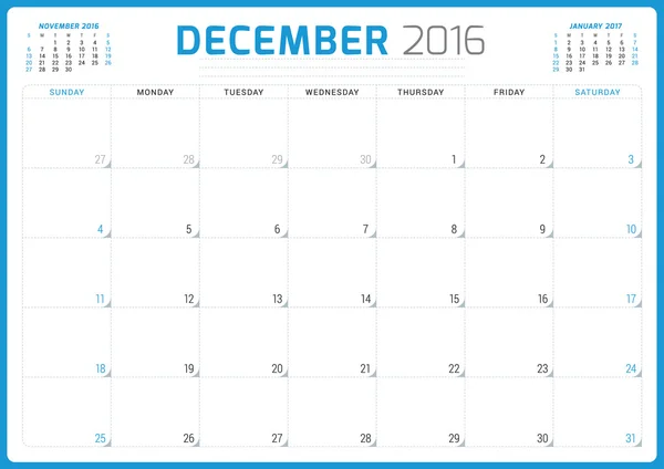 Planificador de Calendario 2016. Plantilla de diseño vectorial. Diciembre. Semana comienza el domingo — Archivo Imágenes Vectoriales