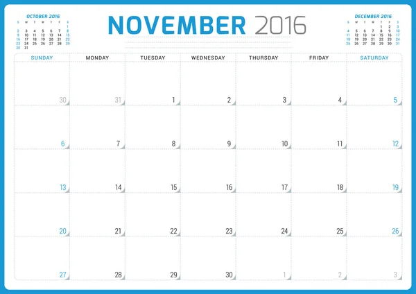 Agenda Planificateur 2016. Modèle de conception vectorielle. Novembre. La semaine commence dimanche — Image vectorielle