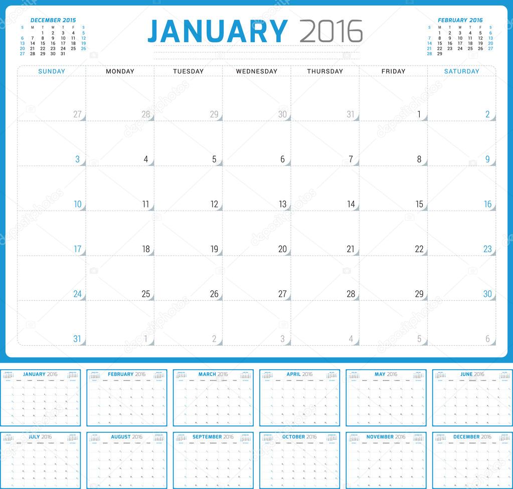 Calendar Planner 2016. Vector Design Template. Set of 12 Months. Week Starts Sunday