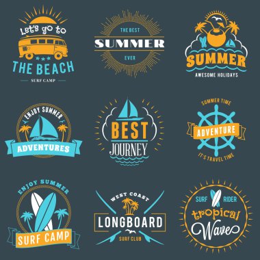 Summer Holidays Design Elements. Set of Hipster Vintage Logotypes and Badges in Three Colors on Dark Background