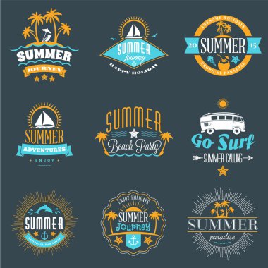 Summer Holidays Design Elements. Set of Hipster Vintage Logotypes and Badges in Three Colors on Dark Background