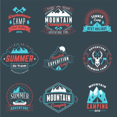 Summer Holidays Design Elements. Set of Hipster Vintage Logotypes and Badges in Three Colors on Dark Background