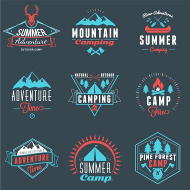 Summer Holidays Design Elements. Set of Hipster Vintage Logotypes and Badges in Three Colors on Dark Background
