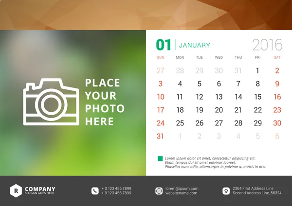 Desk Calendar 2016 Vector Design Template. Week Starts Sunday — Stock Vector