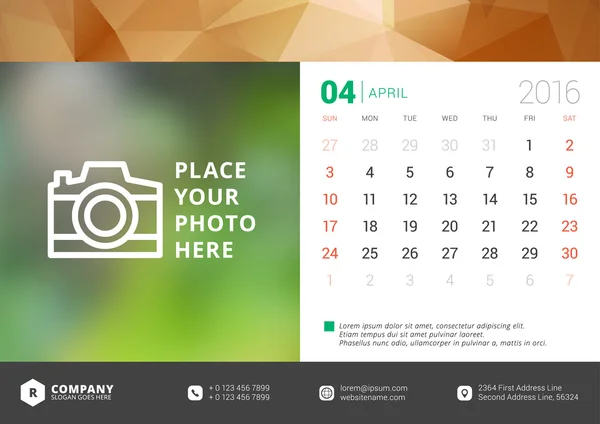 Desk Calendar 2016 Vector Design Template. Week Starts Sunday — Stock Vector