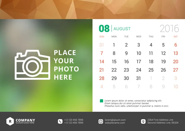 Desk Calendar 2016 Vector Design Template. Week Starts Sunday — Stock Vector