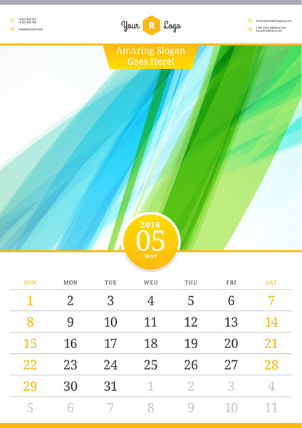 Wall Calendar 2016. May. Vector Template with Abstract Background. Week Starts Sunday