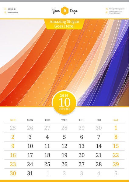 Wall Calendar 2016. October.  Vector Template with Abstract Background. Week Starts Sunday