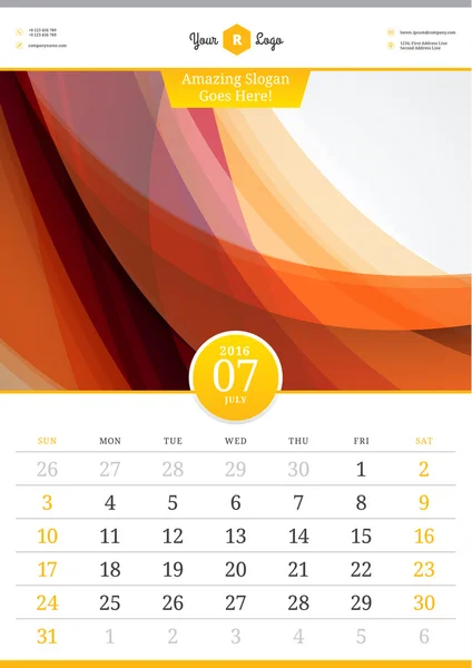 Настенный календарь 2016 года. Июль. Векторный шаблон с абстрактным фоном. Неделя начинается в воскресенье — стоковый вектор