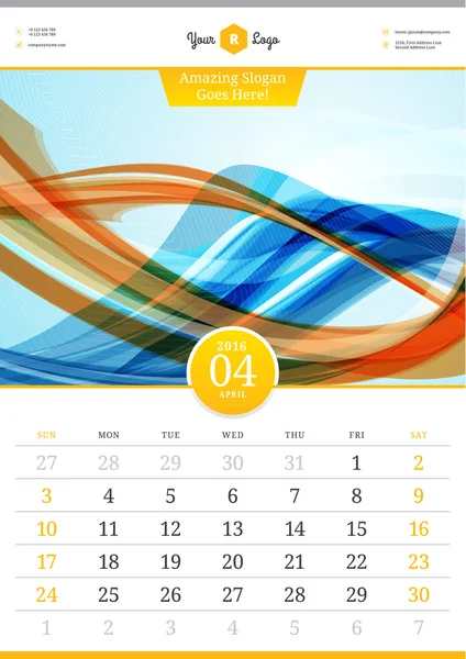 Wall Calendar 2016. April. Vector Template with Abstract Background. Week Starts Sunday — Διανυσματικό Αρχείο