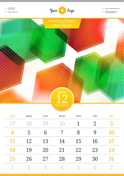 Настенный календарь 2016 года. Декабрь. Векторный шаблон с абстрактным фоном. Неделя начинается в воскресенье — стоковый вектор