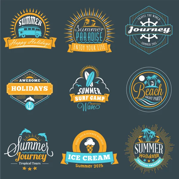 Summer Holidays Design Elements. Set of Hipster Vintage Logotypes and Badges in Three Colors on Dark Background — ストックベクタ