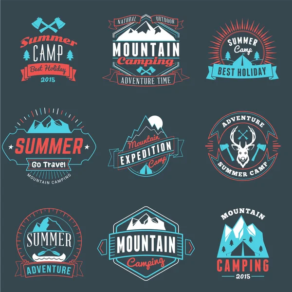 Summer Holidays Design Elements. Set of Hipster Vintage Logotypes and Badges in Three Colors on Dark Background — Stock Vector