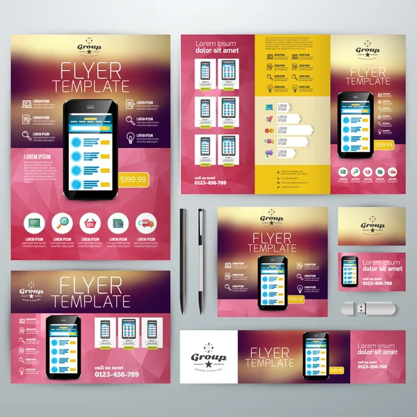 Set of Stationery Design Templates. Flyer, Booklet, Leaflet, Business Card, Banner — Stockový vektor