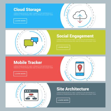 Flat Design Concept. Set of Vector Web Banners. Cloud Storage, Social Engagement, Mobile Tracker, Site Architecture