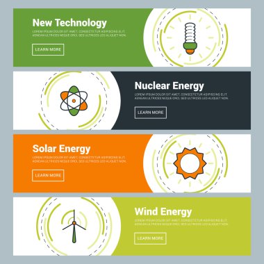 Flat Design Concept. Set of Vector Web Banners. New Technology, Nuclear Energy, Solar Energy, Wind Energy