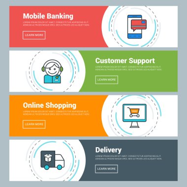 Flat Design Concept. Set of Vector Web Banners. Mobile Banking, Customer Support, Online Shopping, Delivery