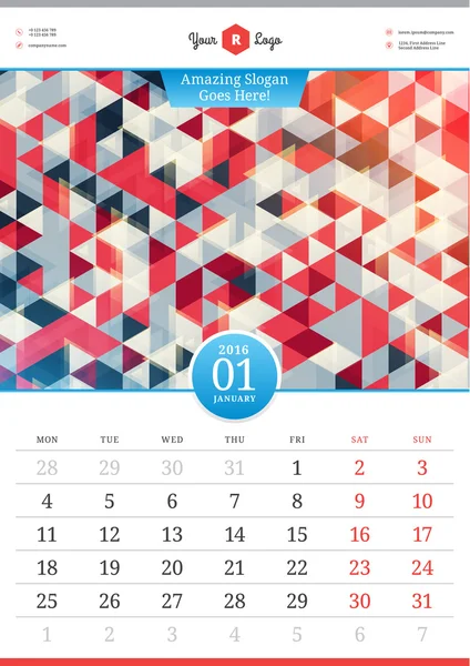 Wall Calendar 2016. January. Vector Template with Abstract Background. Week Starts Monday — ストックベクタ
