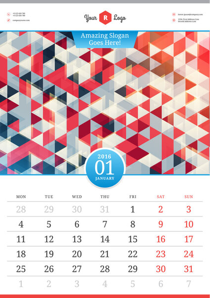 Wall Calendar 2016. January. Vector Template with Abstract Background. Week Starts Monday