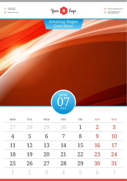 Wall Calendar 2016. July. Vector Template with Abstract Background. Week Starts Monday — 图库矢量图片