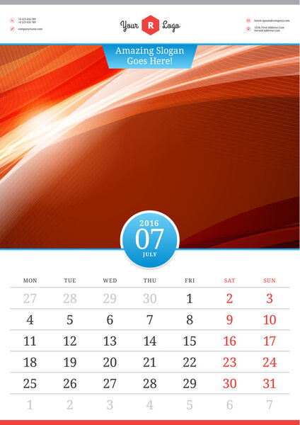 Wall Calendar 2016. July. Vector Template with Abstract Background. Week Starts Monday