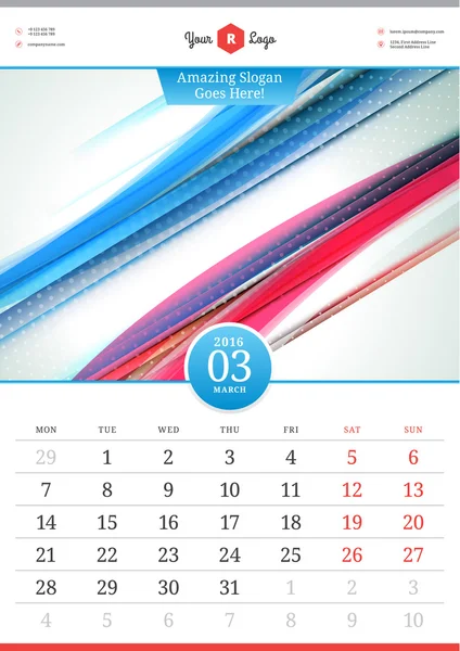 Настенный календарь 2016 года. В марте. Векторный шаблон с абстрактным фоном. Начало недели понедельник — стоковый вектор