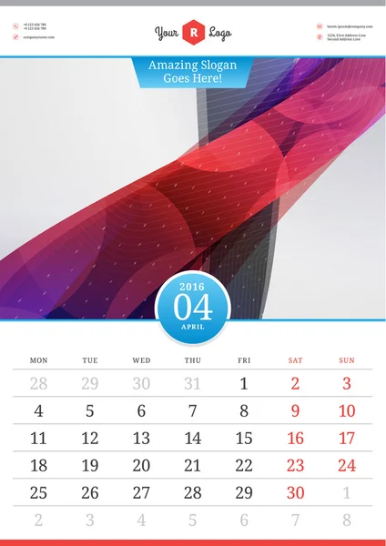 Wall Calendar 2016. April. Vector Template with Abstract Background. Week Starts Monday — Stock Vector