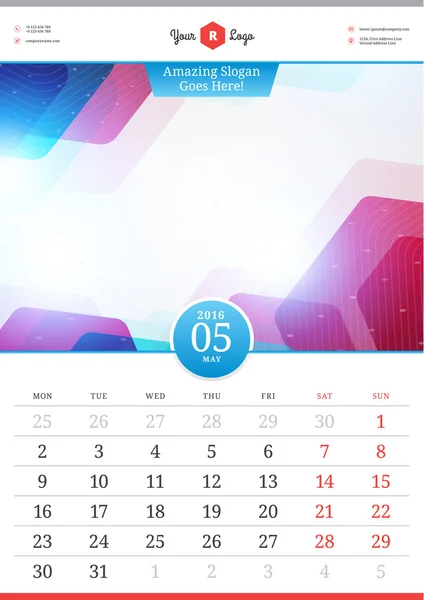 Wall Calendar 2016. May. Vector Template with Abstract Background. Week Starts Monday — Stock Vector
