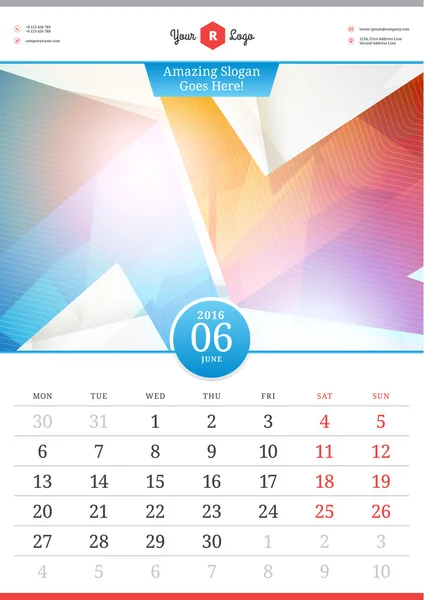 Wall Calendar 2016. June. Vector Template with Abstract Background. Week Starts Monday — Stok Vektör