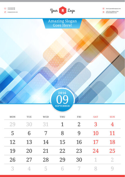 Wall Calendar 2016. September. Vector Template with Abstract Background. Week Starts Monday